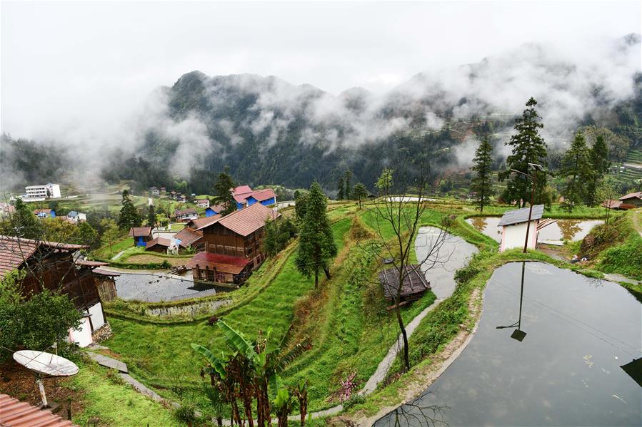 Paisaje de primavera después de la lluvia en la aldea de Dongzhuang, Guizhou